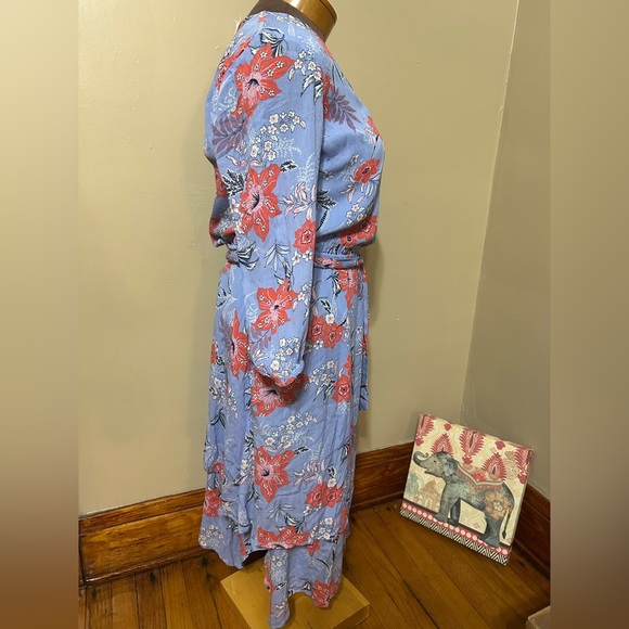 J Jill Sz S  Tropical Floral Blue Dipped Hem V Neck Belted Dress W/pockets - Picture 5 of 11